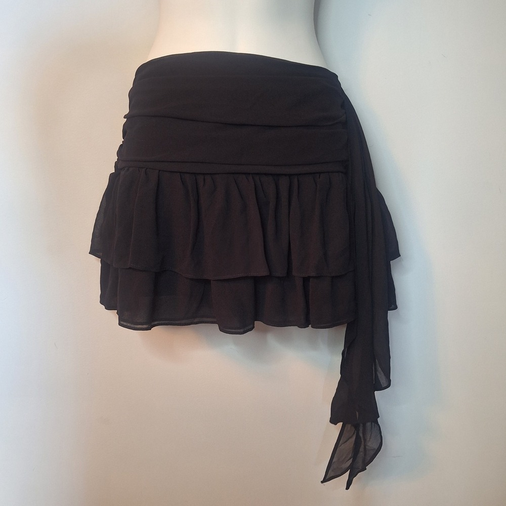 Zara Black Chiffon Tiered Ruffle Skort with Side Sash Mini Skirt Shorts Medium